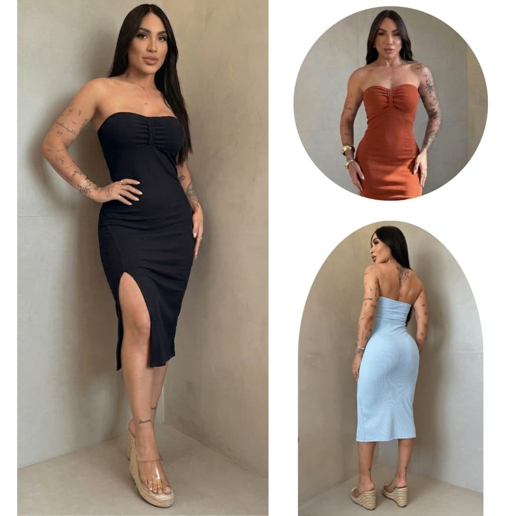 Vestido Feminino Midi Tomara Que Caia Ribana Premium Canelado Justo Com Bojo Removível Fenda Lateral