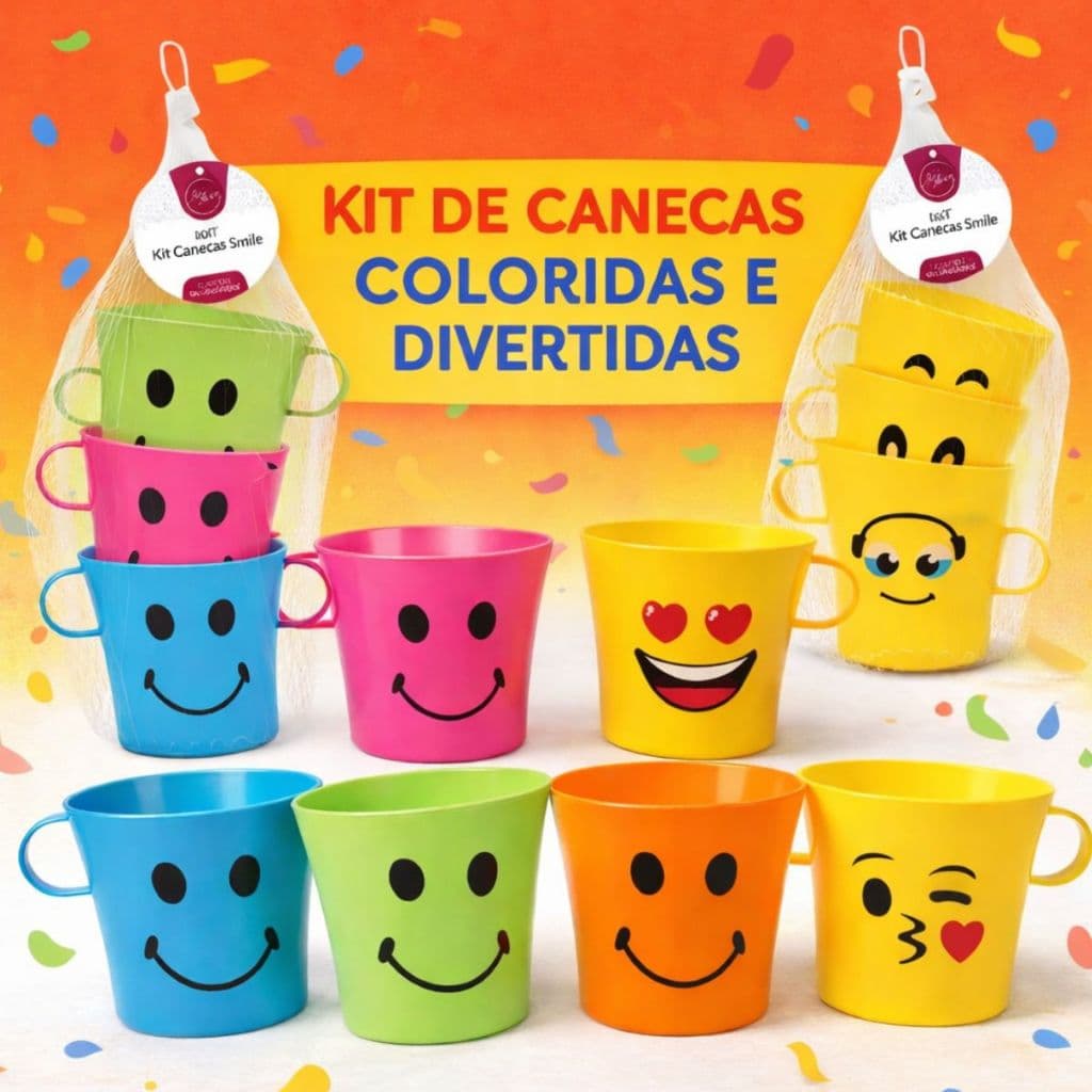 Caneca Plástico 250ml Com Alça Smile Expressões Infantil 4/8/16 Peças