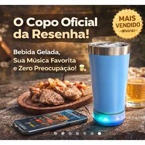 Copo Térmico Com Caixa De Som Bluetooth E LED 420ml Tampa E Abridor De Garrafas Parede Dupla Inox