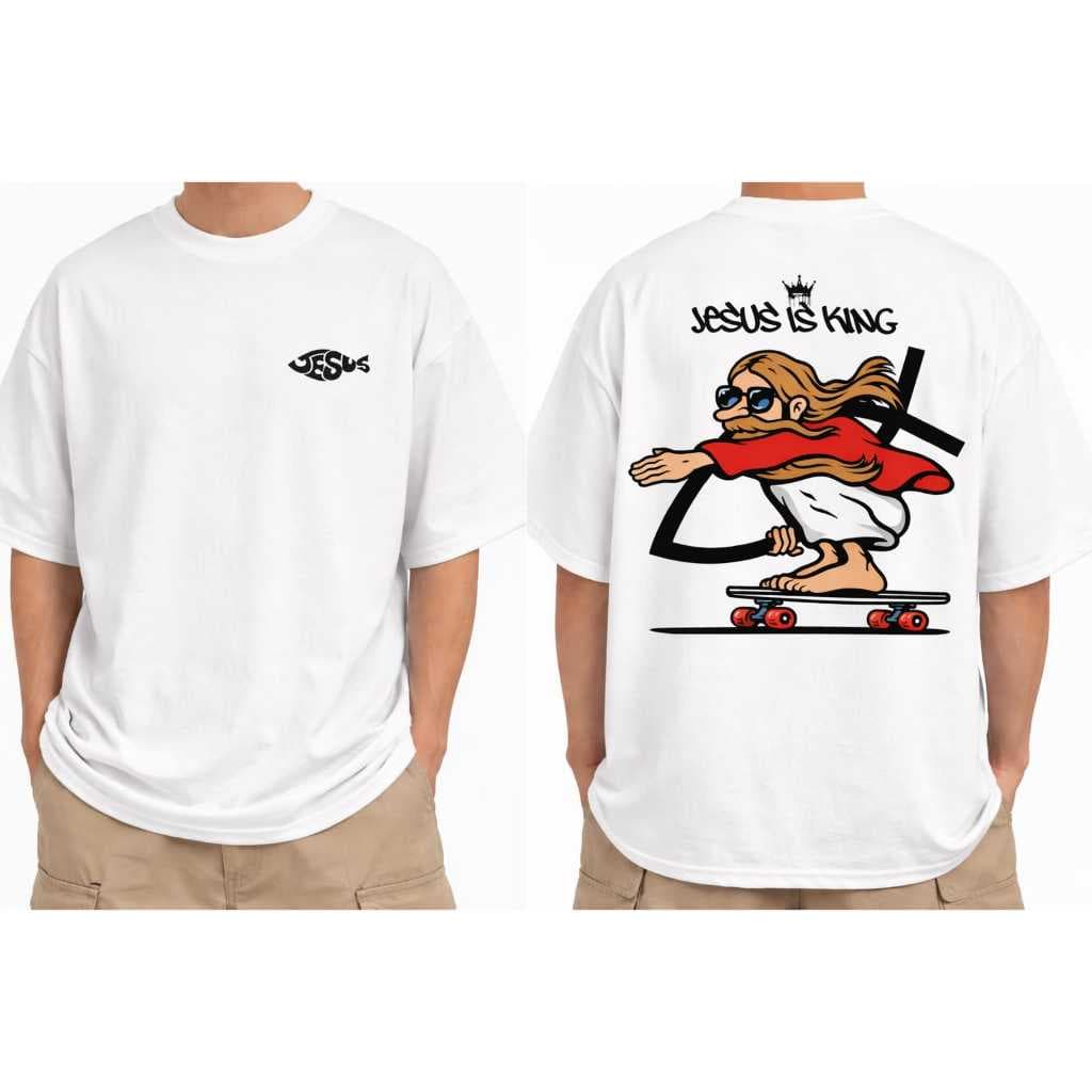 Camiseta Oversized Jesus Is King Streetwear Masculina/Unissex Estampa Costas Skate Gospel
