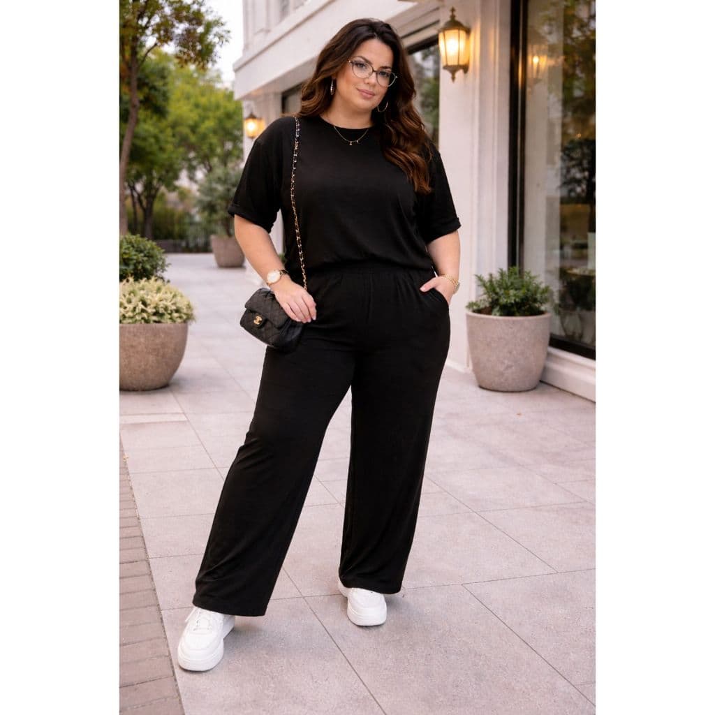 Conjunto Feminino Plus Size Canelado Blusa Tapa Bumbum Manga Curta Calça Pantalona Plus Premium