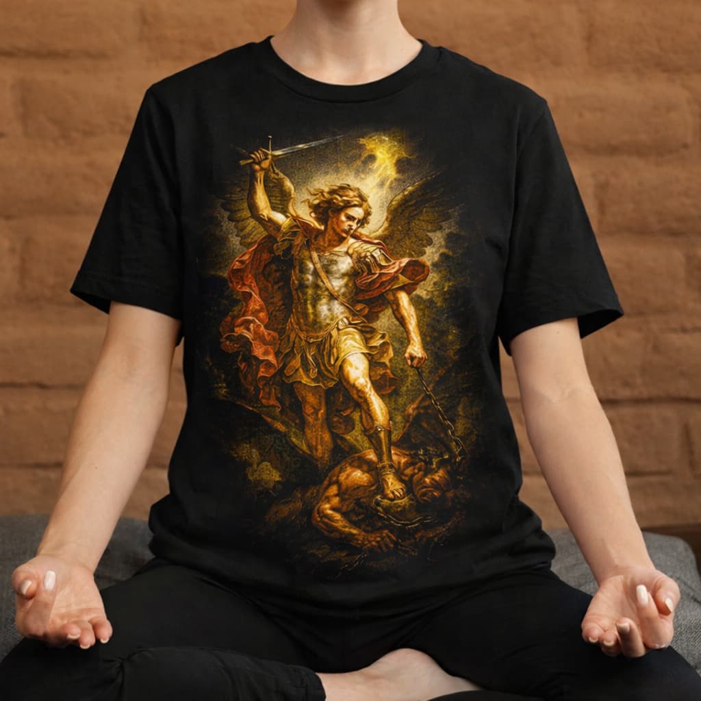 Camiseta Unissex São Miguel Arcanjo Estampa Religiosa Poderosa Casual Moderna Estilosa