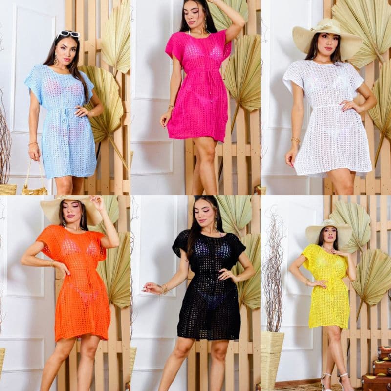 Vestido Saída de Praia em Tricô Manga Curta com Cinto de Ajuste na Cintura