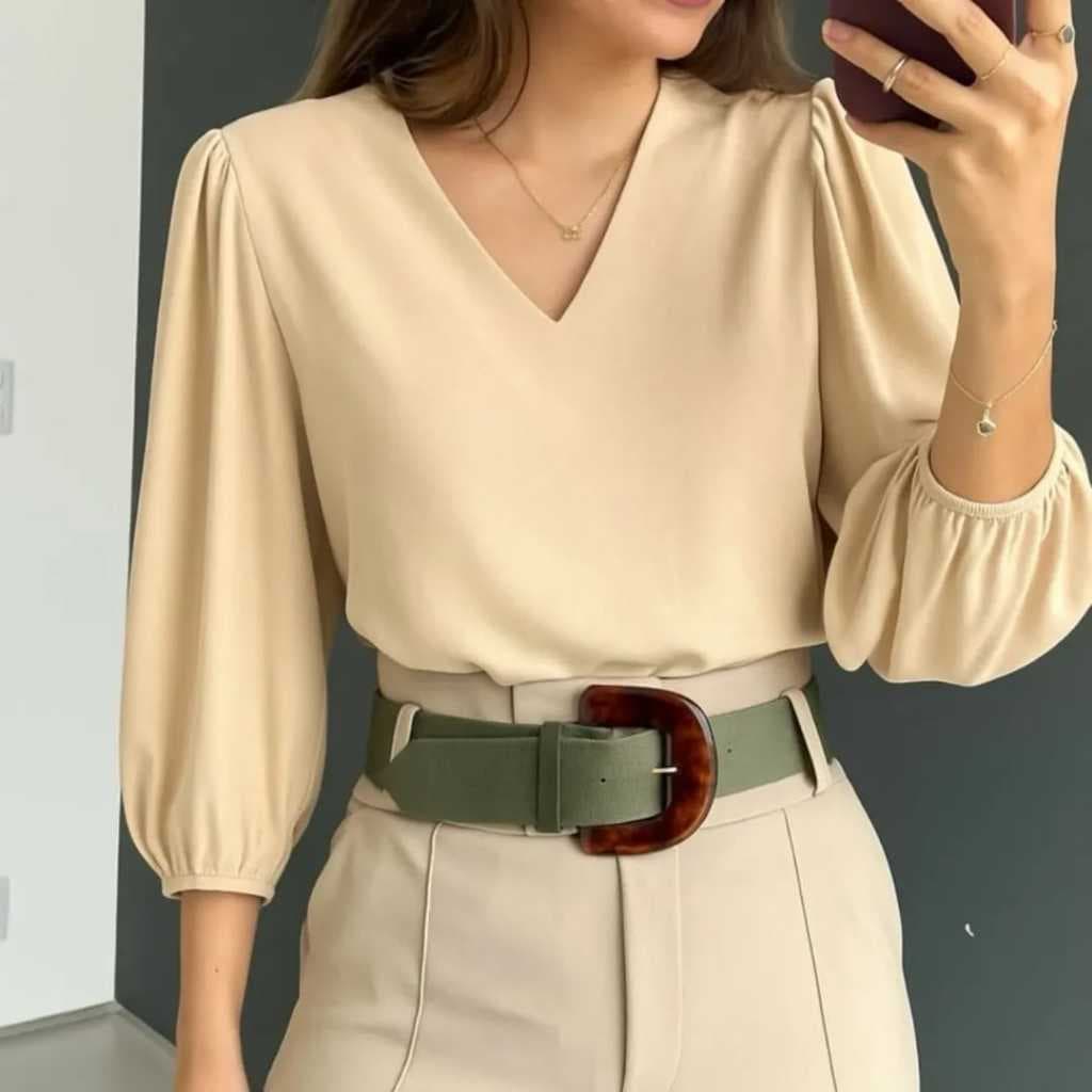 Blusa Feminina Manga 3/4  frente V Moda Evangélica  Social e Elegante