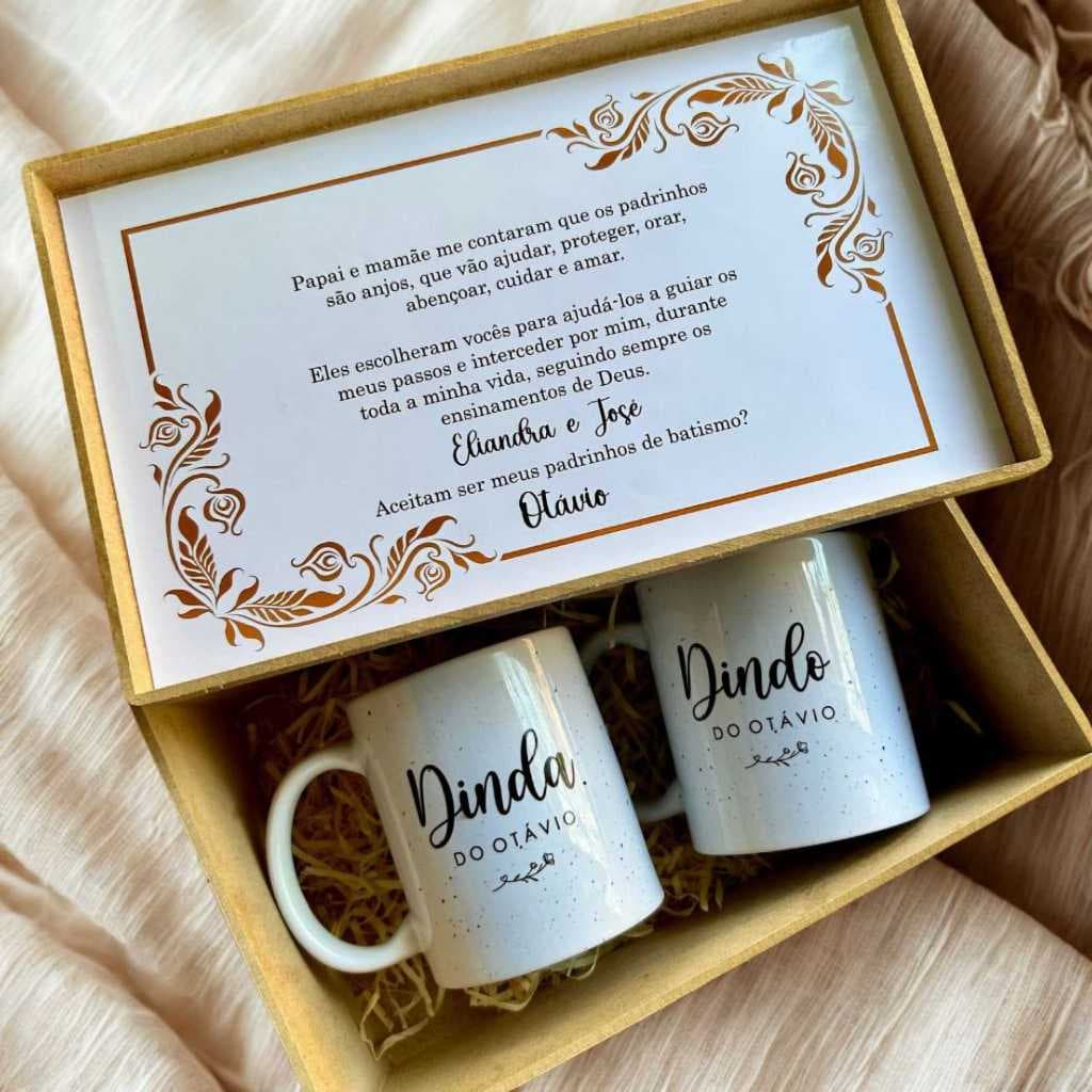 Presente para Dindo e Dinda Personalizado com Nome  Kit 2 Canecas + Caixa Premium