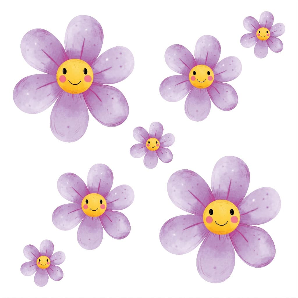 Kit 60 Adesivos De Parede Infantil Margarida Flor Flores Menina Bebê Quarto Jardim Lilás