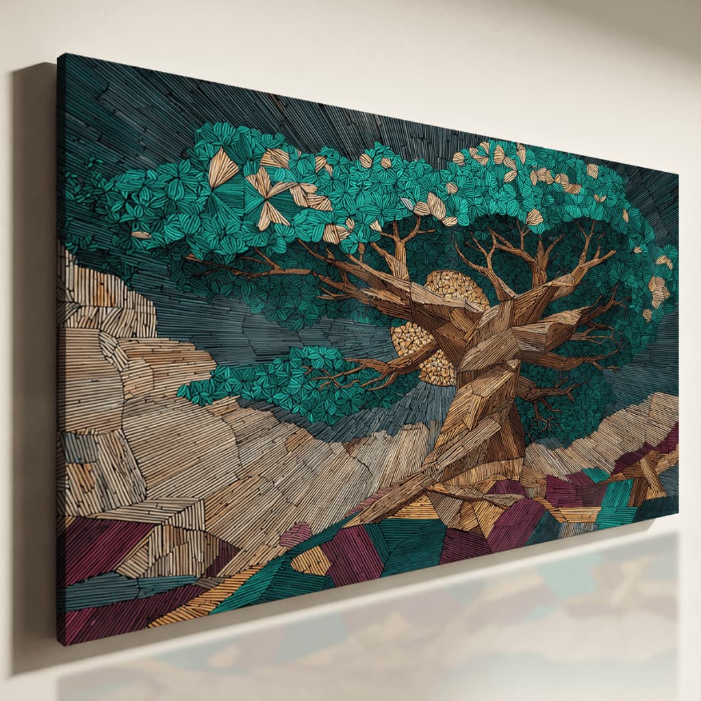 Quadro Decorativo Árvore Geométrica Verde Com Sol Estilo Abstrato Moderno Sala