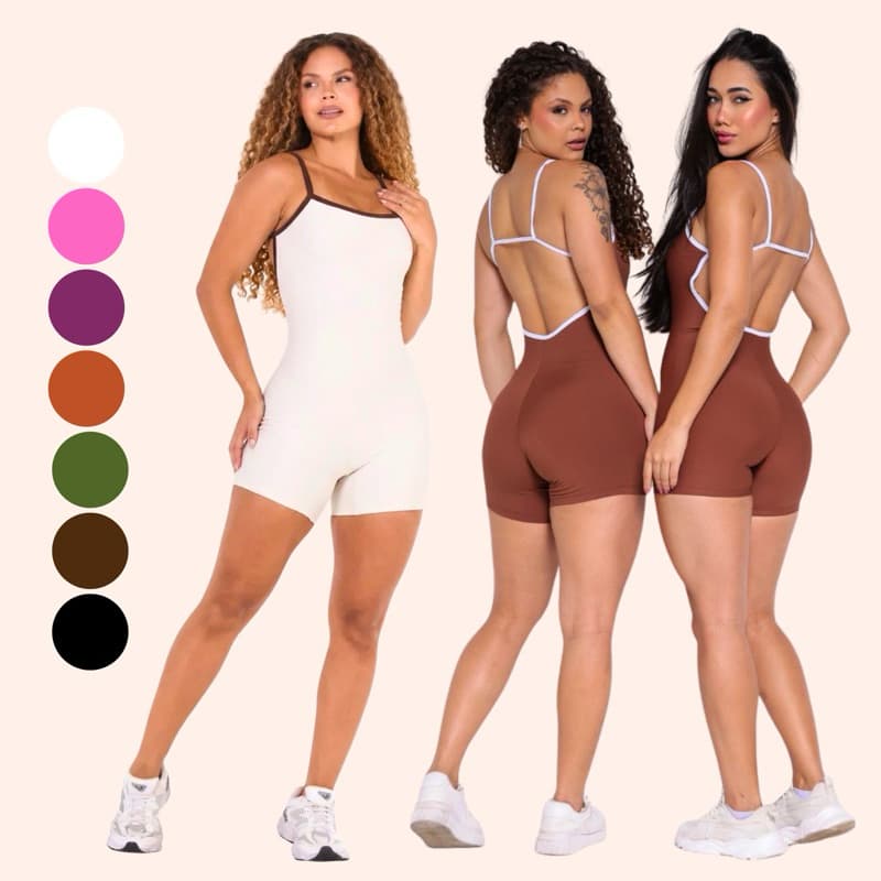 Macaquinho Academia Poliamida Feminino Fitness Com Costa Nua Decote Costas Macacão Curto