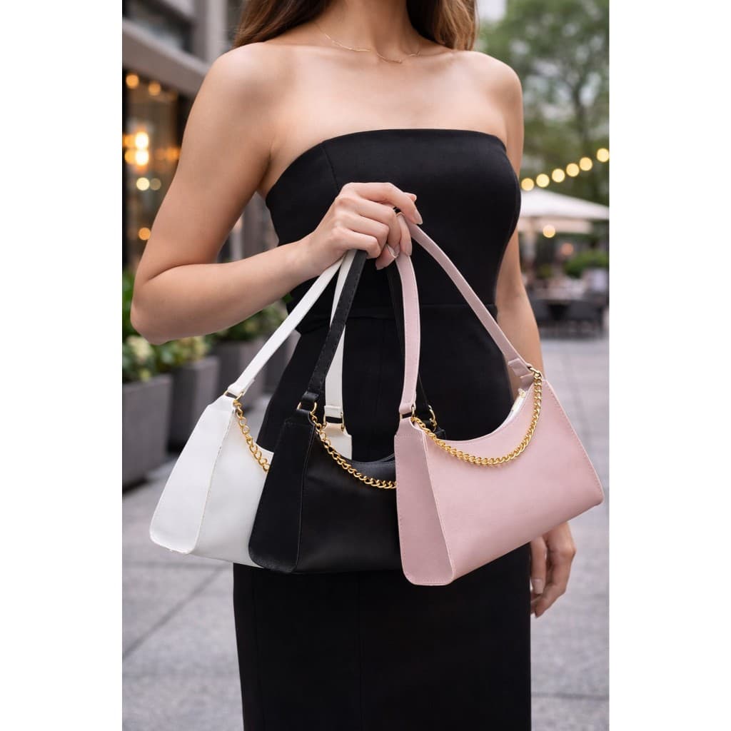 Bolsa Feminina Elegante Kit 3 Baguetes Lisas Corrente Ombro e Mão Tote Noir Fashion Media Pequena