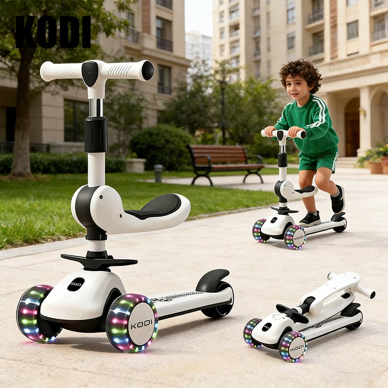Patinete 3 em 1 Infantil Ajustável com Banco, Luzes LED e Música, Dobrável e Seguro para 1-12 Anos -P15