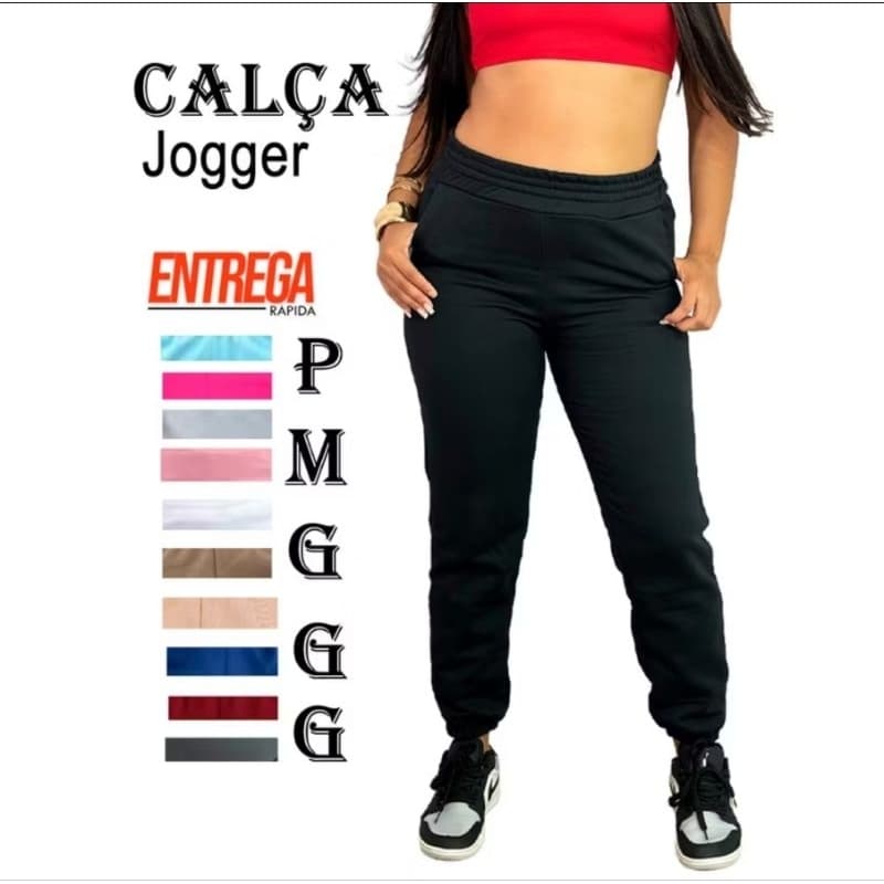Calça Feminina Moletom Jogger de Frio Grossa Pelúcida Cintura Alta com Elástico e Punho Esportiva
