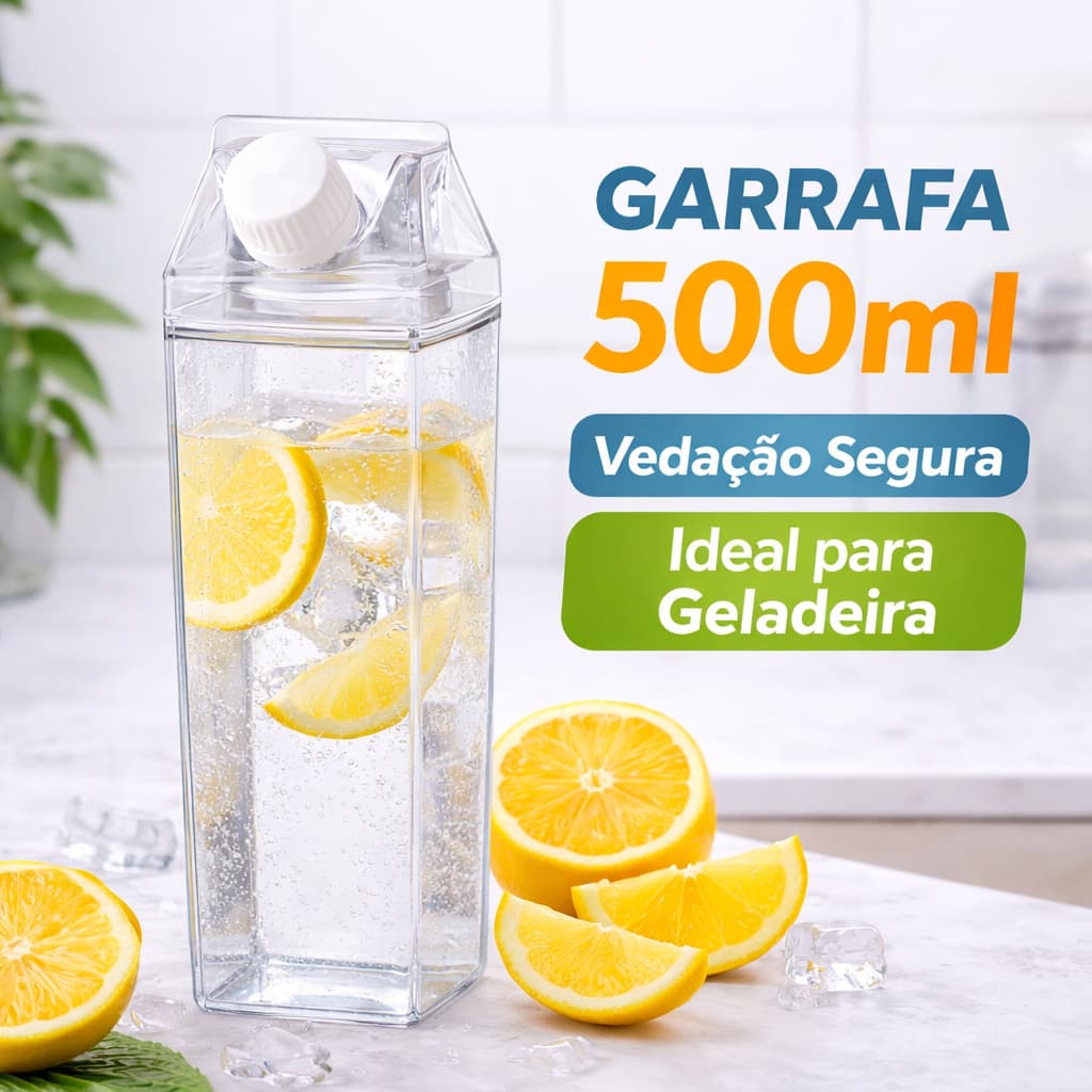 Garrafa 500ml Acrílica Caixa de Leite com Tampa Vedação Porta Suco Água Geladeira Organização