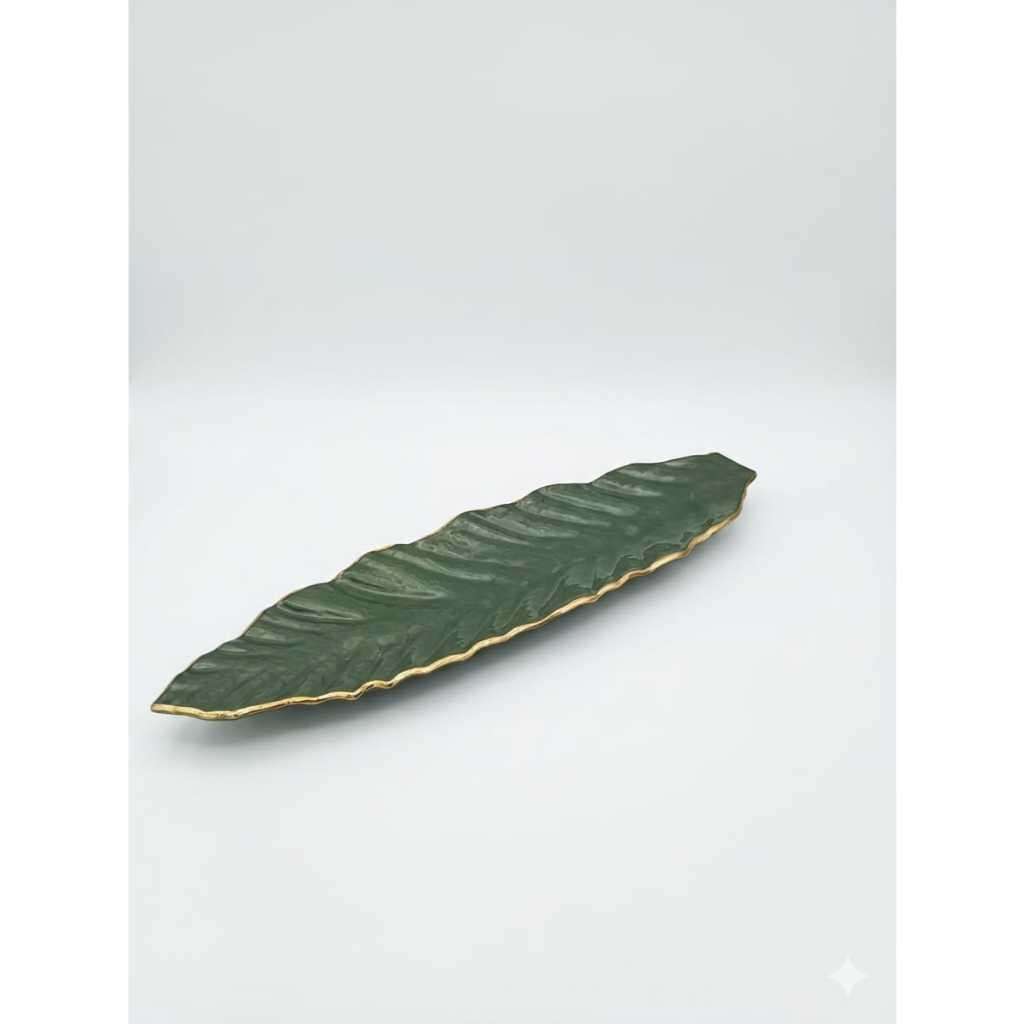 Centro de Mesa Decorativo Vidro Folha 3D Luxo 70cm Enfeite de Mesa Posta Sala Jantar Verde e Dourado