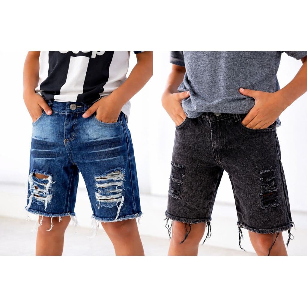Kit 2 Bermudas Jeans Infantil Destroyed Rasgada | Moda Confortável para Meninos o ano todo