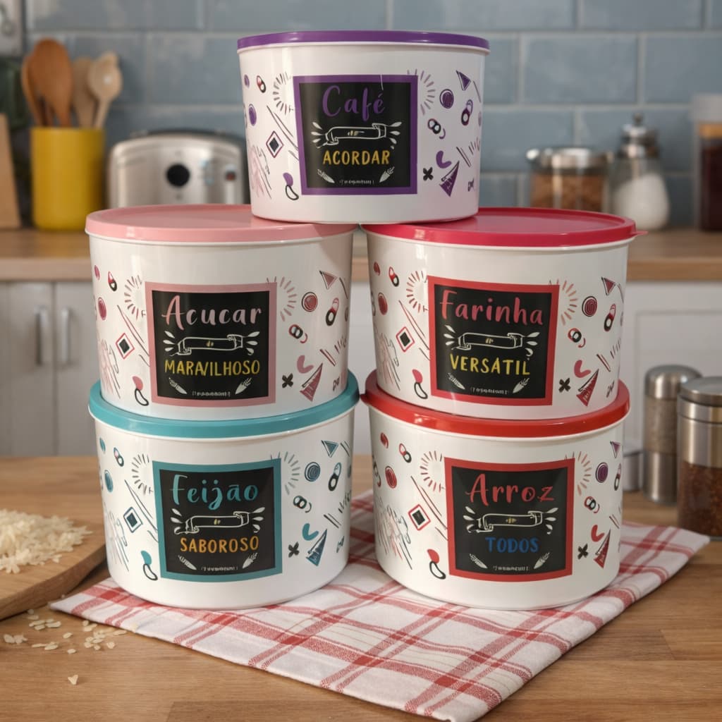 kit com 5 porta mantimentos plástico arroz feijão farinha açucar sal café pote decorado