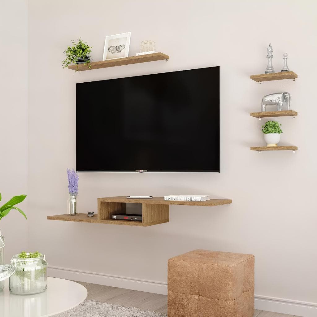 Rack Para Tv Suspenso Mdf + Kit 4 Prateleiras Nicho Jogo Sala Quarto