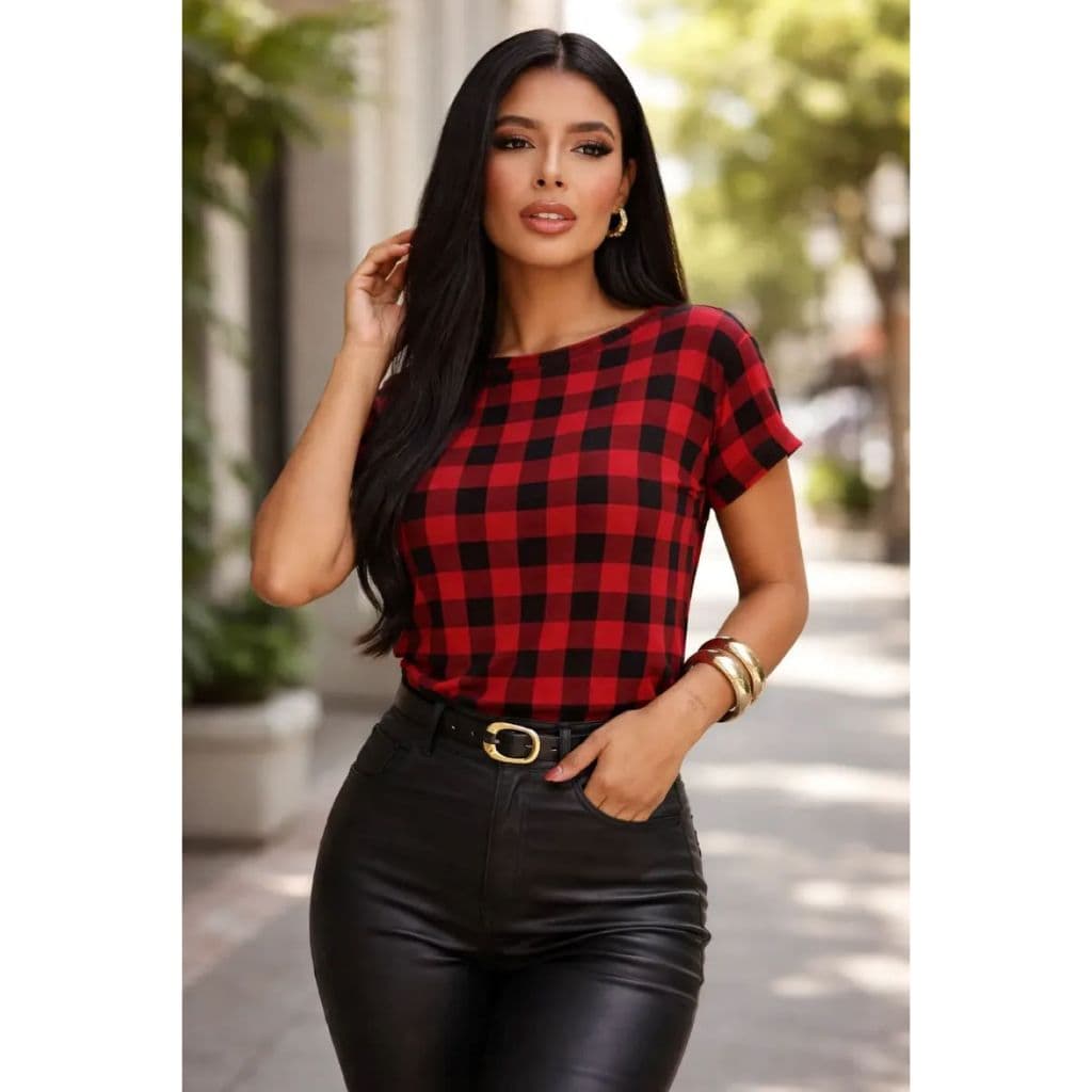 Blusa Feminina Manga Dobrada Estampa Xadrez