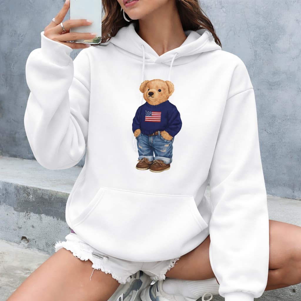 Moletom Feminino Ursinho Polo Bear Marrom Premium Canguru Inverno Quentinho Moda Streetwear Casual Urso Eua Basico