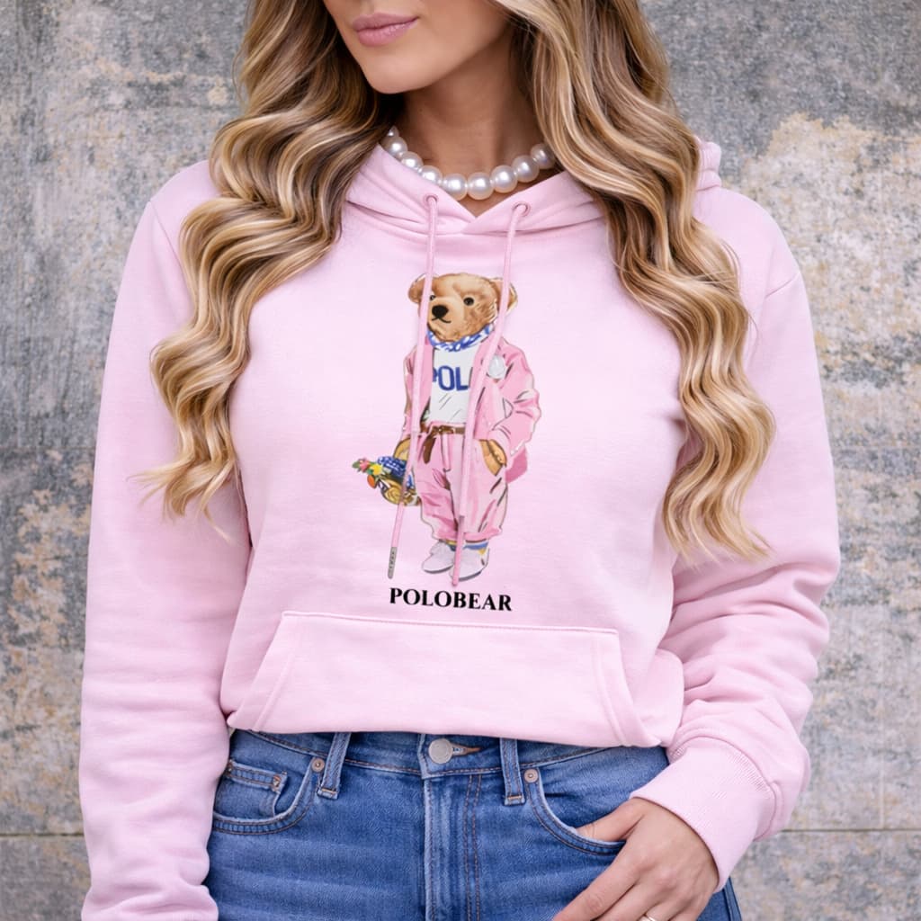 Moletom Feminino Polo Bear Original Ursinho Marrom Bordado Canguru Blusa de Frio Premium Urso Rosa