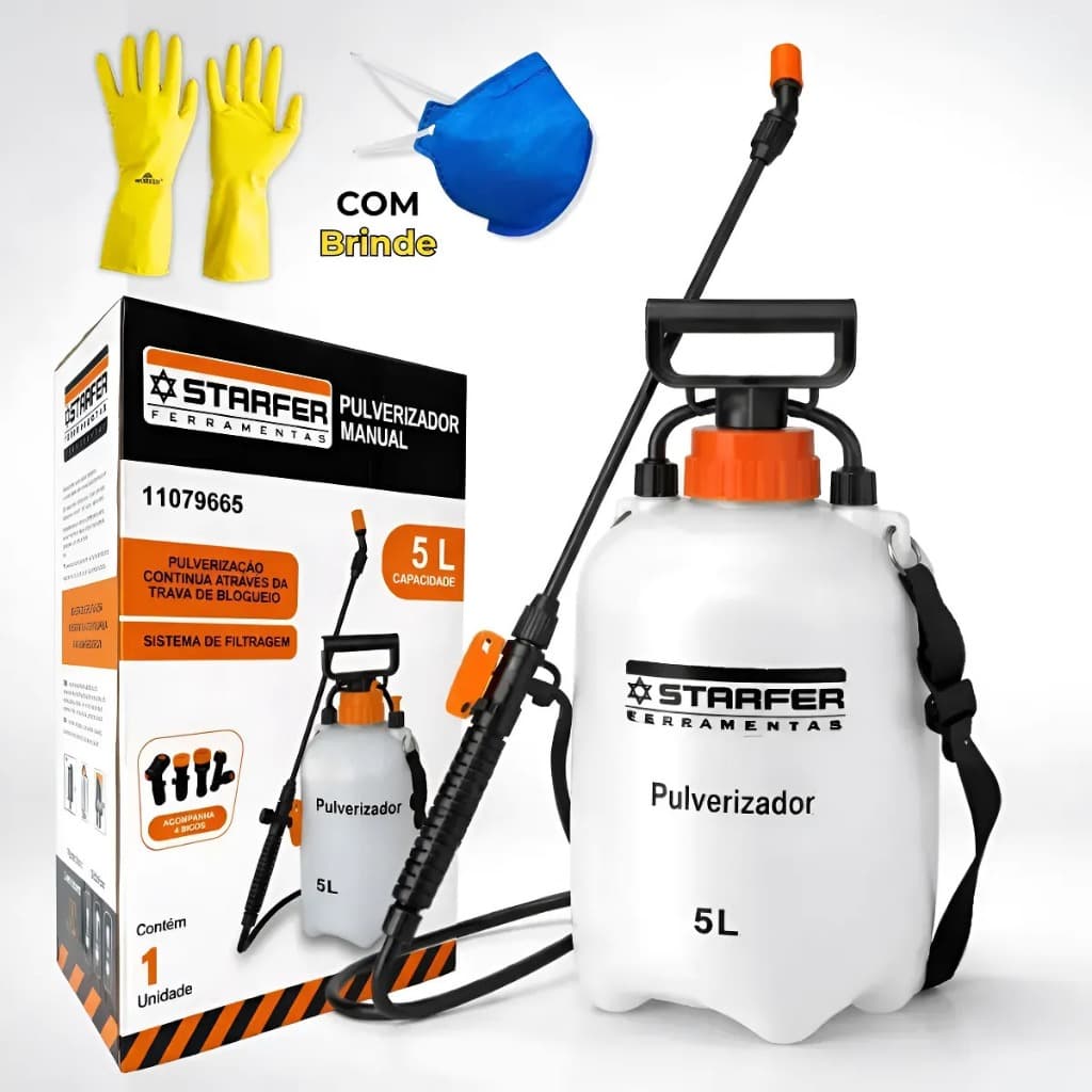 Bomba Pulverizador Manual Agricola Jardim Lateral 5 Litros Manual Kit Luvas EPI