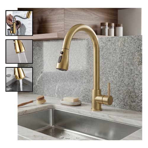 Torneira Cozinha Gourmet Bico Extensível Monocomando Bancada Metal Aço Inoxidável Dourado Escovado