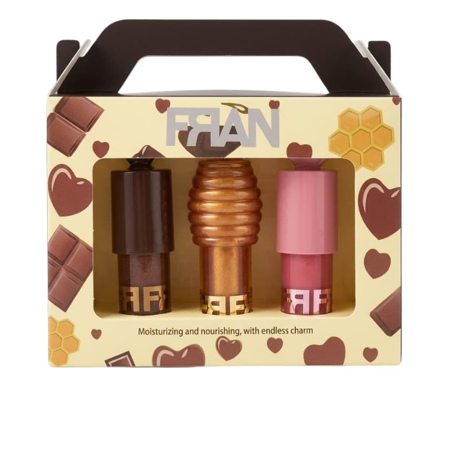 Kit Presente Gloss Labial FRAN Com 3 Und Chocolate e Mel Brilho Intenso Lábios Macios
