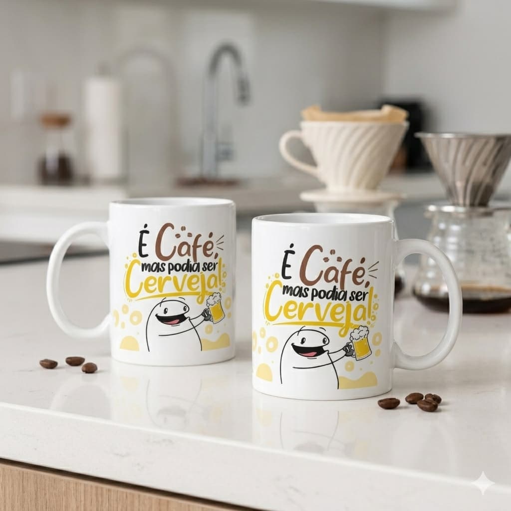 Caneca engraçada é café mas podia ser cerveja Flork