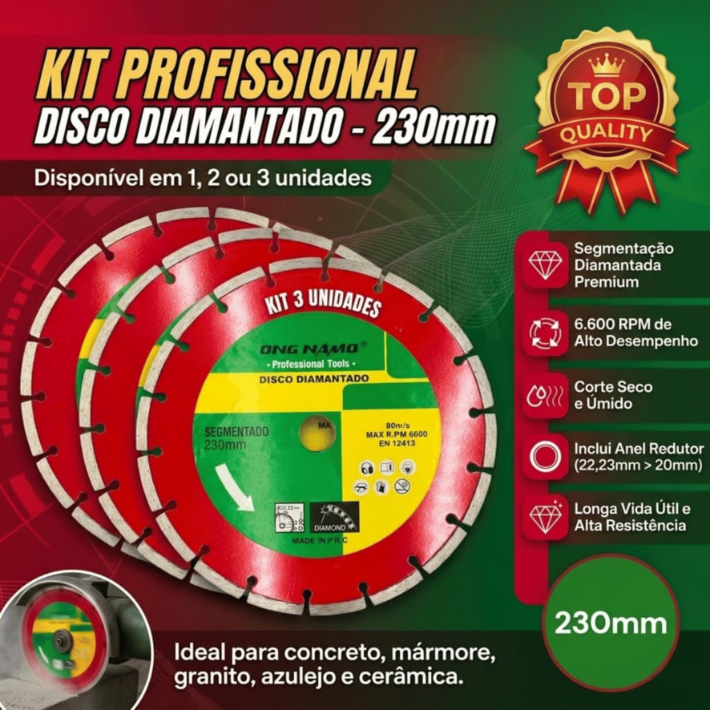Disco Diamantado Segmentado de Corte 230 mm Seco Úmido Profissional Bloco Concreto Granito Mármore