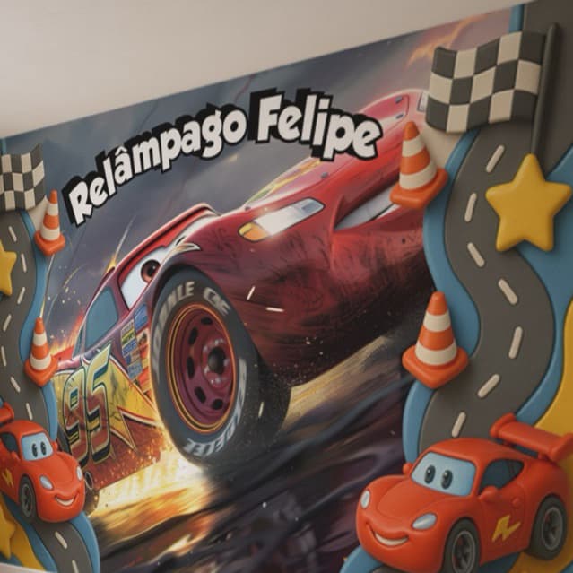 Papel de Parede Tema Relampago Macqueen Carros Disney para quarto de menino + Nome  M² parede total