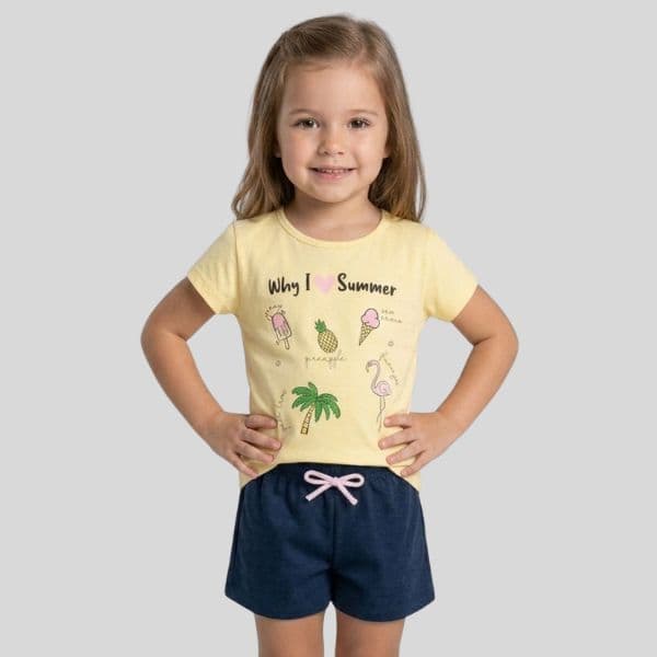 Conjunto Infantil Feminino Verão Blusa Meia Malha 100% Algodão Shorts Moletinho Confortável Menina