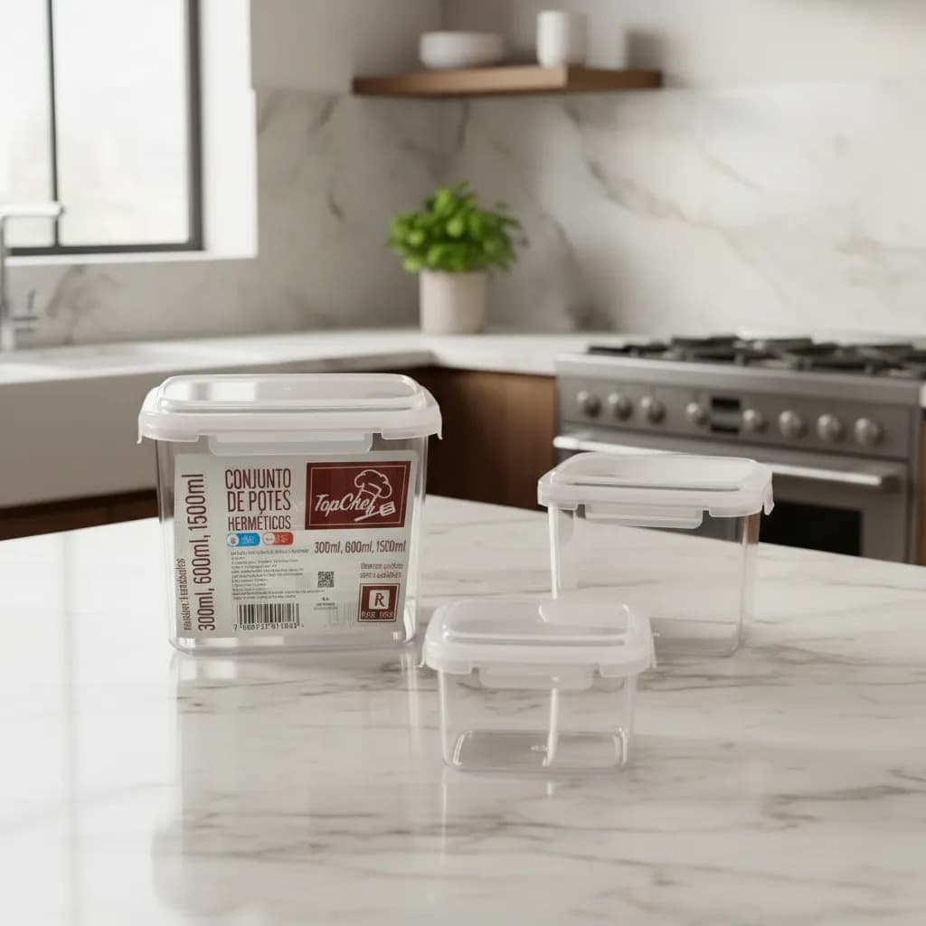 Conjunto com 3 Potes Herméticos Térmicos Vidro Conservação Alimentos TOP RIO Resistente Tampas trava