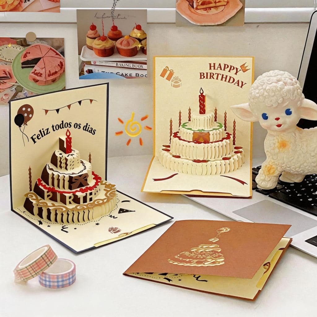 Cartão Decorativo 3D de Aniversário com Bolo Presente Diferente e Criativo