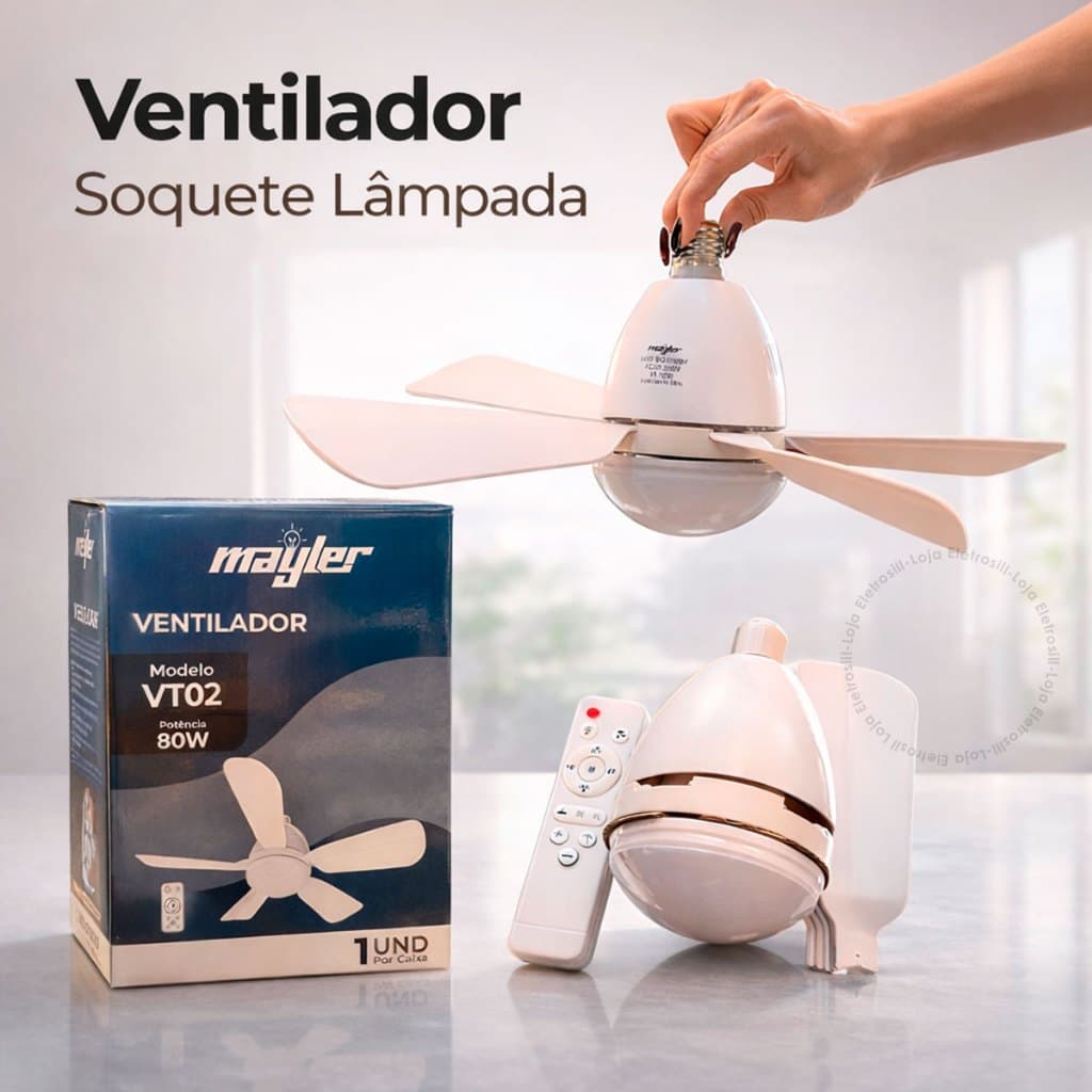 Ventilador Teto Bivolt Controle Remoto 5 Hélices Luz Led Soquete Lâmpada E27 80W