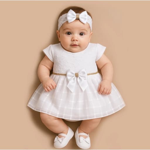 Kit com 4 peças  Vestido Calcinha Bunda Rica, Sapatinho, Faixa para Bebê 0 a 6 Meses