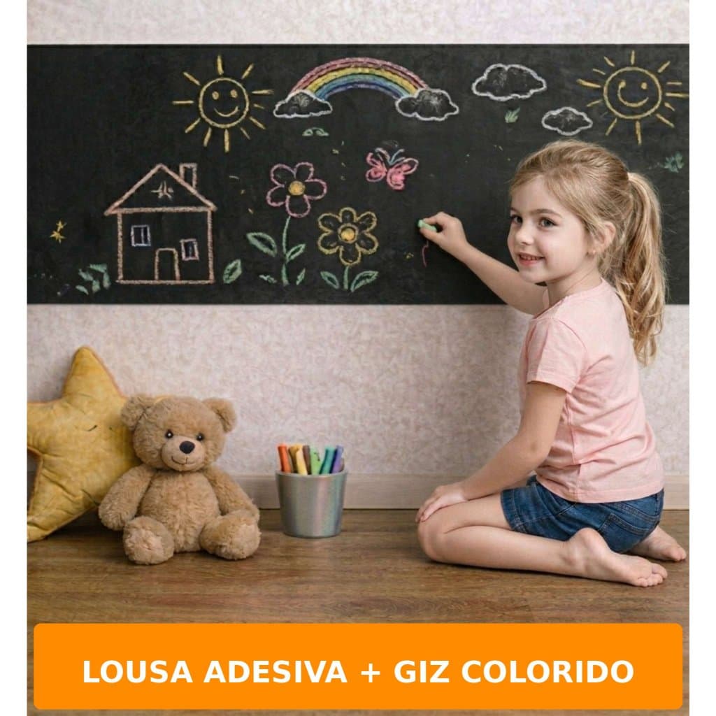 Lousa Adesiva + 5 Giz Coloridos – Papel de Parede Quadro Negro Estudos Rabiscar Riscar Desenhar