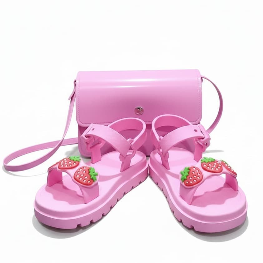 Kit Sandália Infantil de Menina + Bolsa Infantil Colorida Papete Feminina Morango Leve e Confortável