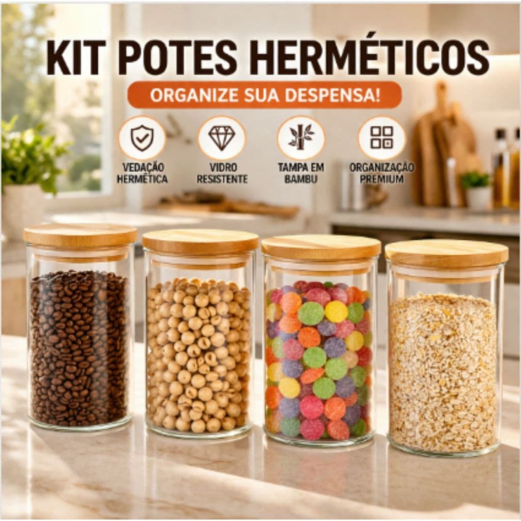 Kit 4 Potes Herméticos 550ml Vidro Tampa Bambu