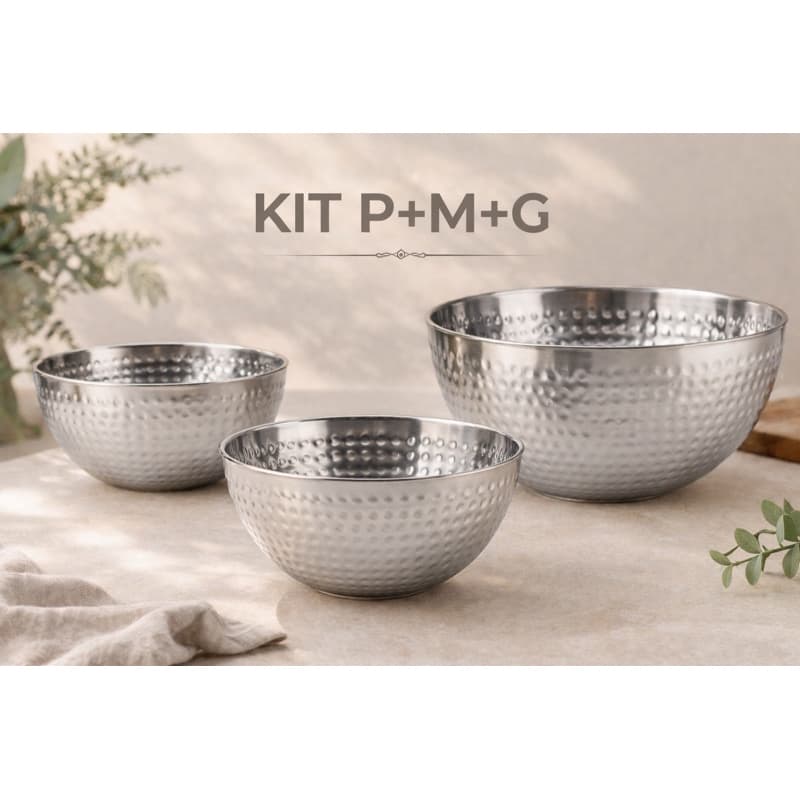 1|2|3 Saladeiras Inox Marteladas P M G 3,9L Dourado e Prata Elegante