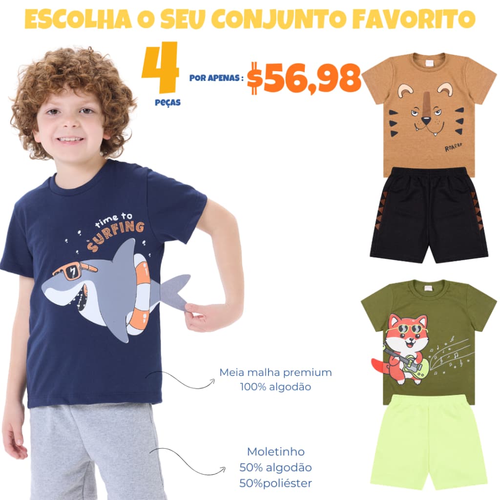 Kit 4 Peças de Roupa Infantil Menino Verão com Interativo 2 ao 8 anos