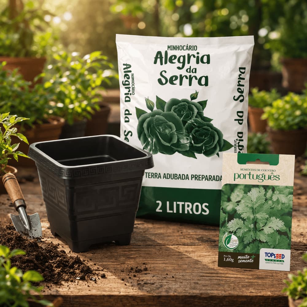 Kit Plantio Coentro em Vaso 2,1 Litros com Terra Adubada Preparada
