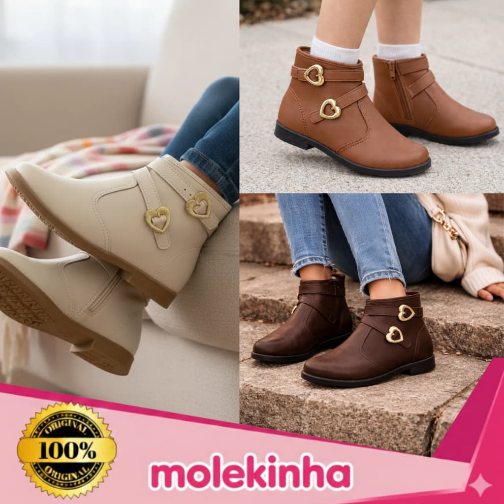 Bota Molekinha Infantil Meninas Cano Curto Coturno Zíper Fivelas de Coração Confortável Original
