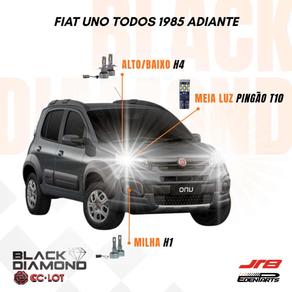 Kit Lâmpadas Farol LED Fiat Uno 1985 em diante JR8 BlackDiamond H1 H4 6000K + Lâmpada Pingão T10 21 LED