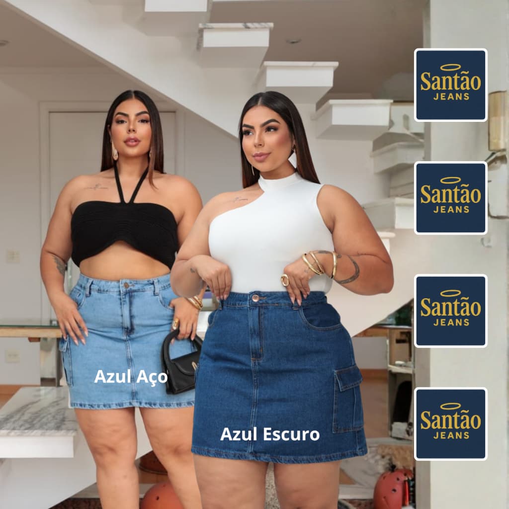 Kit 2 Saias Jeans Cargo Feminina Plus Size Com Bolso Lateral Cintura Alta Confortável 46 ao 54