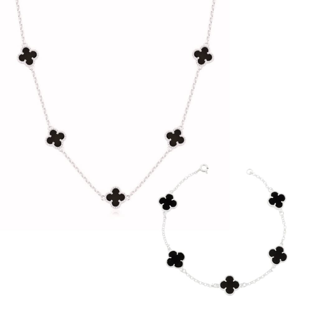 Colar e Pulseira de Trevo 5 Folhas Kit Virginia Neymar Feminino e Masculino Aço Inox Prova D'agua