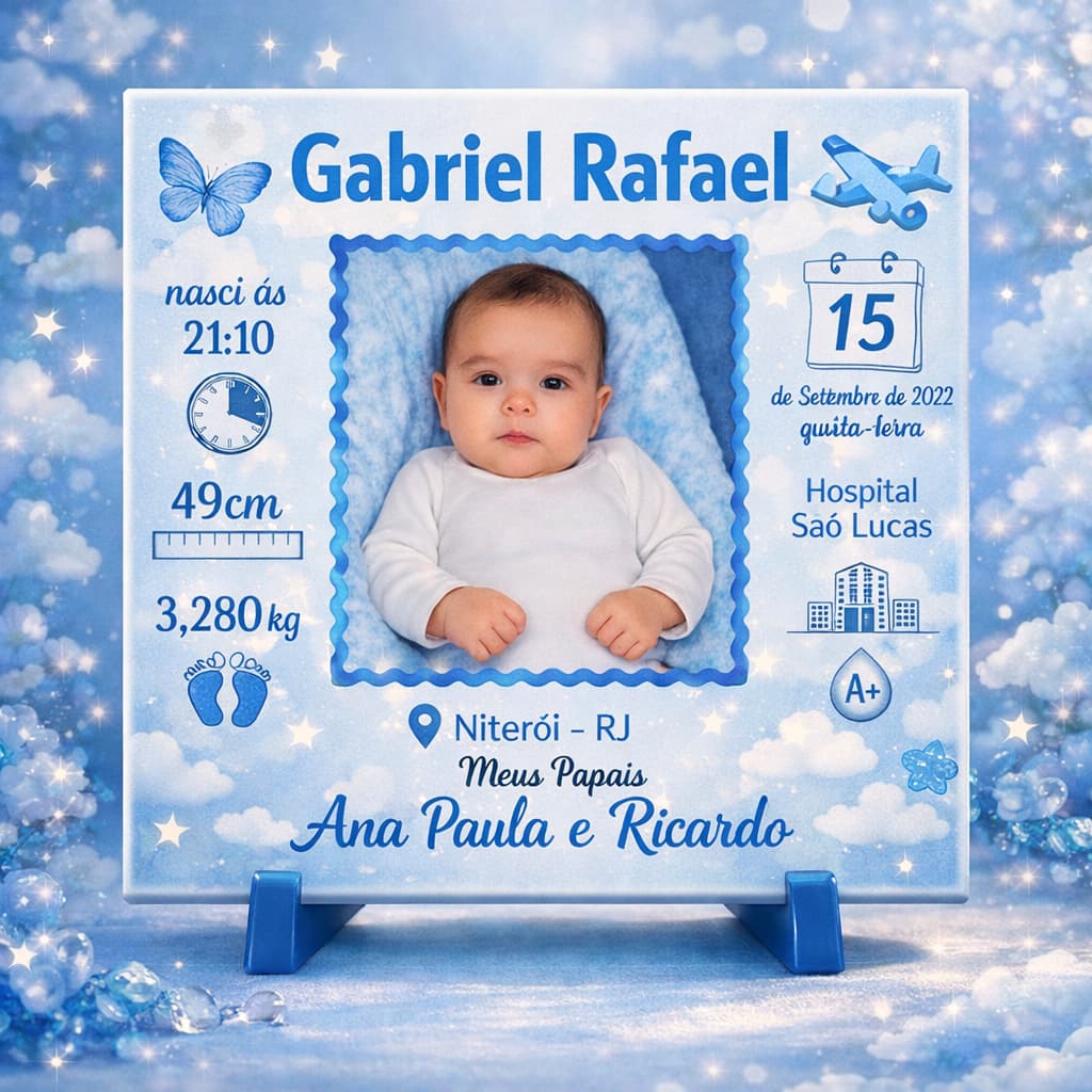 Azulejo Personalizado Nascimento Bebê | Lembrança com Foto e Dados do Nascimento | Decoração
