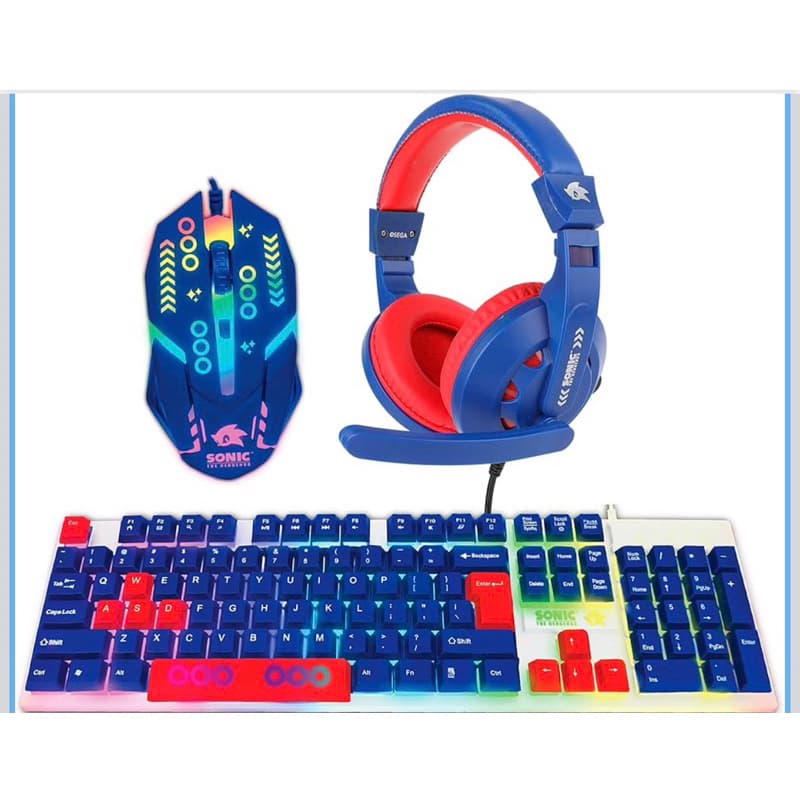 Sonic the Hedgehog Conjunto de jogos 3 em 1 com teclado e mouse retroiluminados por LED, fone de ouvido com microfone