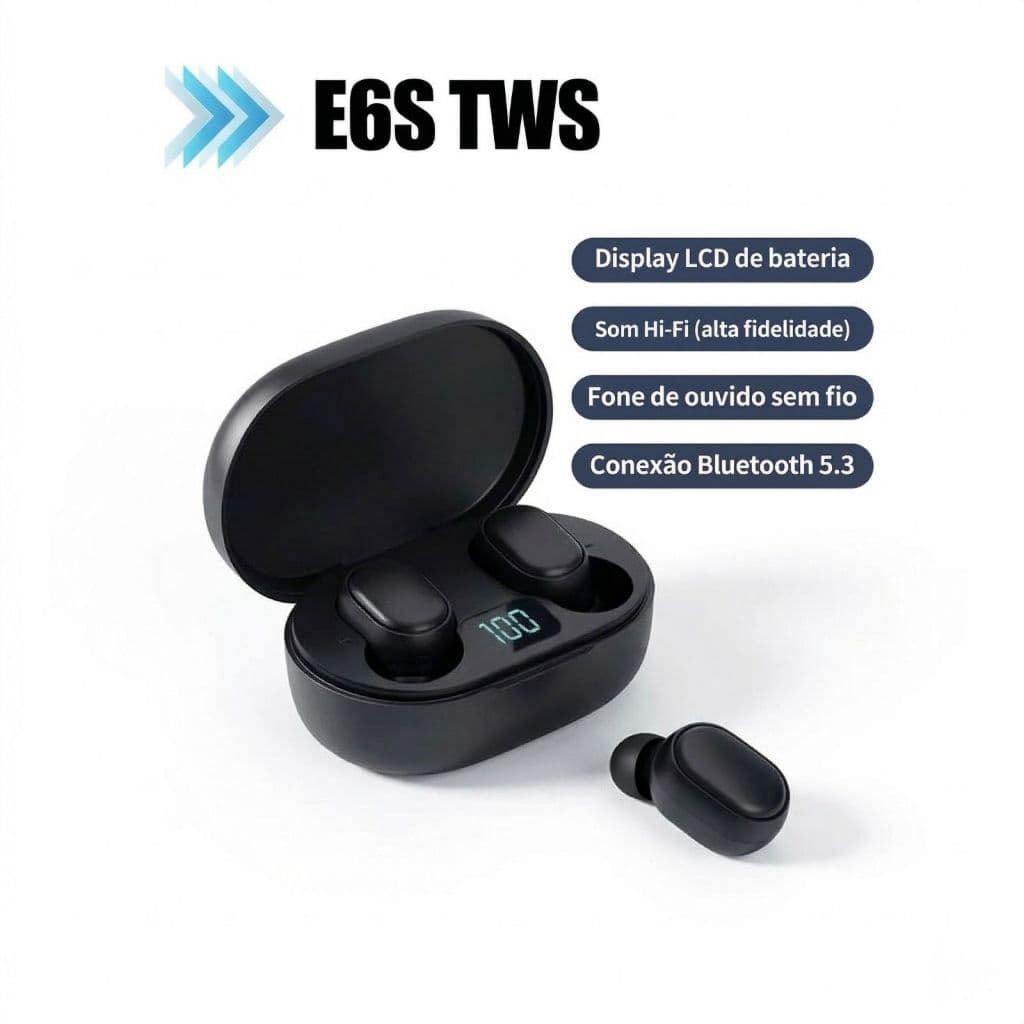 Fone de Ouvido Bluetooth 5.3 sem fio E6S com visor de bateria