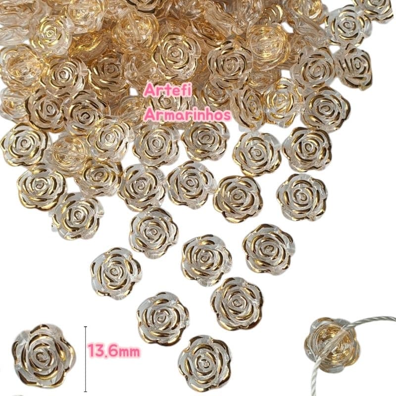28 ou 56 Entremeio para terço Rosa com furo Flor Dourado Acrilico 18,6 mm 13.6mm