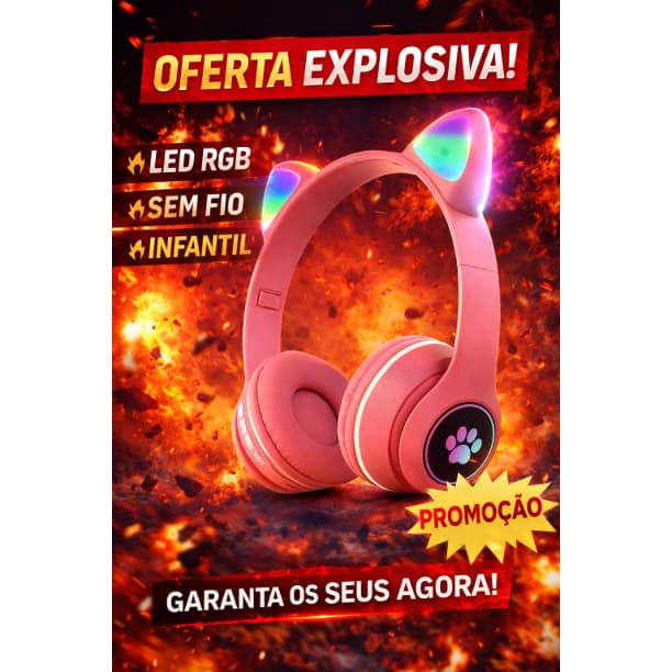 Fone Bluetooth Gatinho LED Sem Fio Infantil Rosa Cat Ear Headphone KTS F-23M Com Luz RGB
