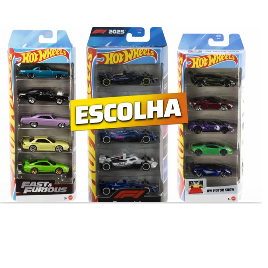 Hot Wheels - Pack com 5 Carrinhos - À Escolha - Mattel - Fast Furious - Formula 1 F1 - Motor Show